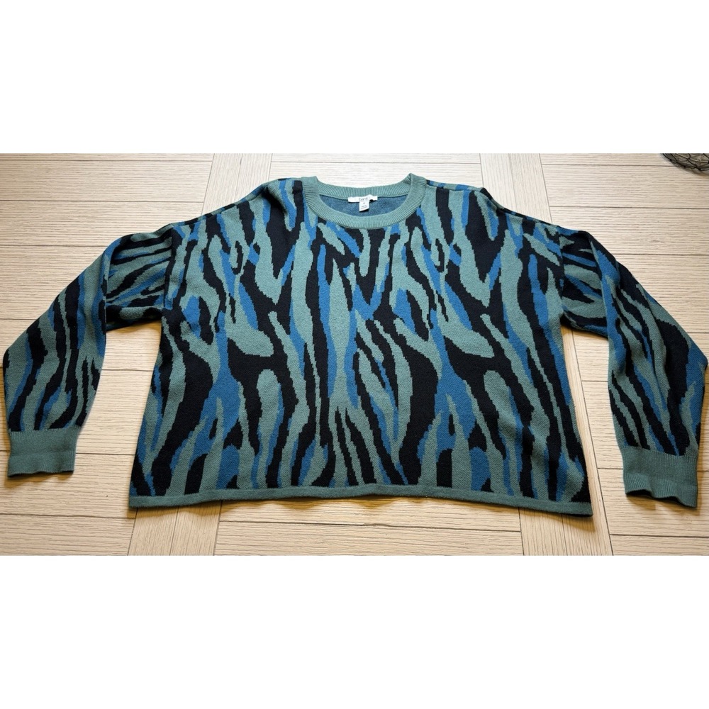 BAR III Blue Teal Zebra Print BOXY CROPPED SWEATER Sz M. Cotton Rayon. Y2K Retro